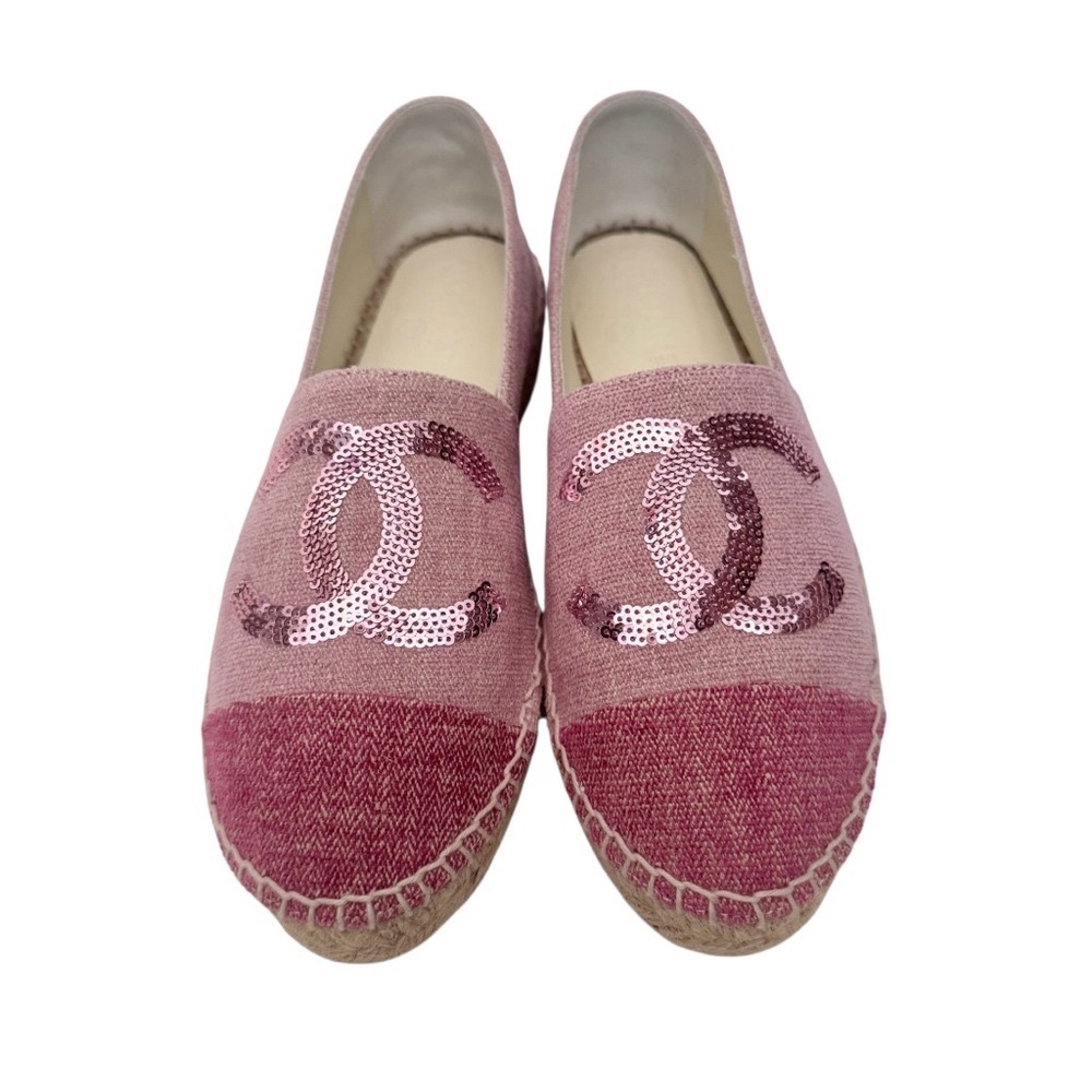 🆕💞CHANEL 2-Tone Pink Canvas & Sequin CC Logo Cap-Toe Espadrilles Flats • EU 37 - Picture 3 of 16